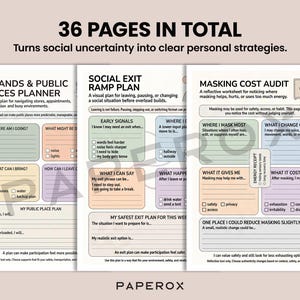 May include: A planner with three open pages, featuring text and fill-in sections for errands, social exits, and masking cost audits. The title reads "36 Pages in Total". A pen rests on the right side.