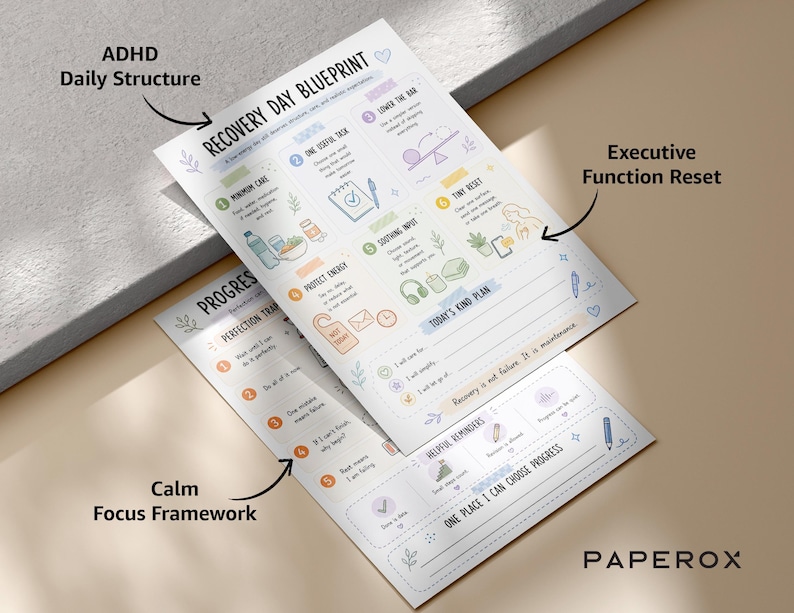 K&ouml;nnte beinhalten: Zwei wei&szlig;e Papierb&ouml;gen mit dem Recovery Day Blueprint und einem Fortschritts-Tracker. Die Dokumente enthalten schwarzen Text, nummerierte Listen und pastellfarbene Symbole wie eine Wasserflasche, Kopfh&ouml;rer und Pflanzen. Das Layout umfasst Abschnitte f&uuml;r t&auml;gliche Aufgaben, Erinnerungen und Zielsetzungen in einem klaren, organisierten Design.