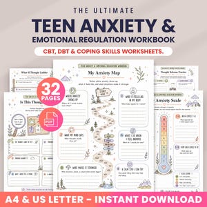 Op de afbeelding: Een digitaal werkboek van 32 pagina's genaamd The Ultimate Teen Anxiety & Emotional Regulation Workbook met CBT, DBT en copingvaardigheden. Bevat een angstkaart, ladder en schaal, beschikbaar in A4 en US Letter formaat.