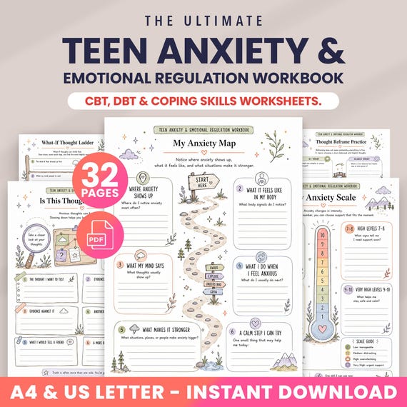 Teen Anxiety Workbook | Emotional Regulation Worksheets for Teens | CBT DBT Coping Skills | Teen Therapy Printables, Mental Health Resources