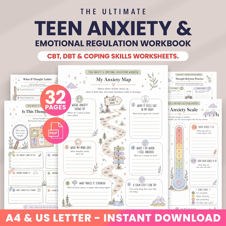 May include: A 32-page digital workbook titled The Ultimate Teen Anxiety & Emotional Regulation Workbook featuring CBT, DBT, and coping skills worksheets. The pages include an anxiety map, thought ladder, and scale, with A4 and US Letter sizing.