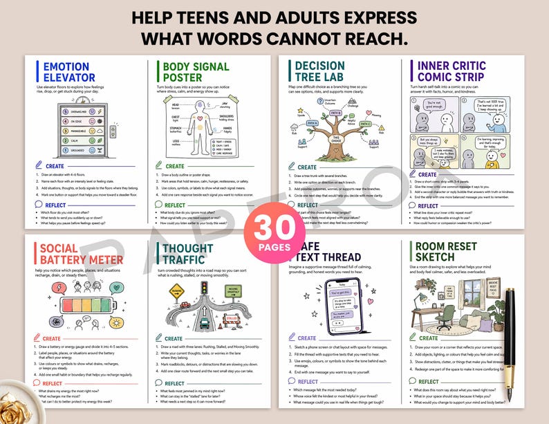 Art Therapy Activities Bundle, Doodle Creative Exercises for Anxiety & Mental Health, Printable Self Care Therapy Worksheets, Journal Pages image 4