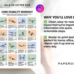 May include: A white printed workout chart with the text "CORE STABILITY WORKOUT" and exercise illustrations. The chart includes exercises like Front Plank, Side Plank, and Reverse Curl. The chart is A4 and US Letter size.