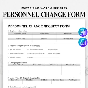 Könnte beinhalten: Ein weißes Formular zur Personaländerungsanforderung mit dem Text "EDITABLE MS WORD & PDF FILES" und "PERSONNEL CHANGE FORM". Das Formular enthält Abschnitte für Mitarbeiterinformationen, Anfragekategorie und Änderungsspezifikationen. Enthält ein Word- und PDF-Symbol.