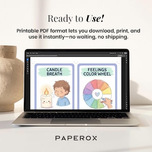 May include: A laptop displays two printable PDF cards. One card shows a cartoon candle with the text "CANDLE BREATH". The other card displays a feelings color wheel with the text "FEELINGS COLOR WHEEL". The text "Ready to Use!" is at the top.