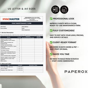 Puede incluir: Una plantilla de formulario de mantenimiento de HVAC imprimible con un aspecto profesional. El formulario incluye secciones para la descripci&oacute;n del servicio, las piezas y la mano de obra, y la informaci&oacute;n del cliente. El formulario es totalmente personalizable y se puede editar con su logotipo, precios y detalles del servicio. Se entrega en formatos Word y PDF, lo que le ahorra tiempo y esfuerzo.