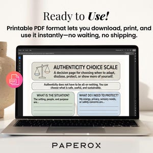May include: A laptop screen shows a printable PDF document titled "AUTHENTICITY CHOICE SCALE." The document prompts users to consider adapting, disclosing, and protecting themselves. The screen also displays the text "Ready to Use!" and "PAPEROX."