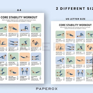 May include: Two workout posters, A4 and US Letter size, with the text "CORE STABILITY WORKOUT". Each poster displays 16 illustrated exercises with instructions. The exercises include planks, leg lifts, and twists. A black pen rests on the US Letter size poster.