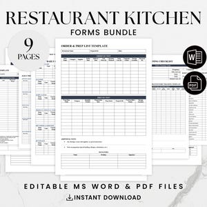 Restaurant Kitchen Management Templates, Food Order Sheet, Inventory Tracker, Temperature Monitoring, Waste Record, Cleaning Schedule PDF