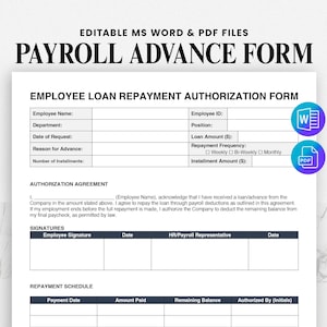 Payroll Advance Request Form, Employee Salary Loan Agreement, Payroll Deduction Authorization Template | Editable Word - Printable PDF