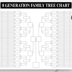 May include: A black and white 8-generation family tree chart. The chart has a rectangular layout with boxes and lines to fill in family history. The text "8 GENERATION FAMILY TREE CHART" is at the top.