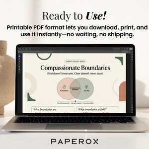 May include: A laptop displays a PDF titled "Compassionate Boundaries" with a Venn diagram illustrating kindness, boundaries, and clarity. The text "Ready to Use!" and "Printable PDF format" are also visible. A beige vase sits to the left.