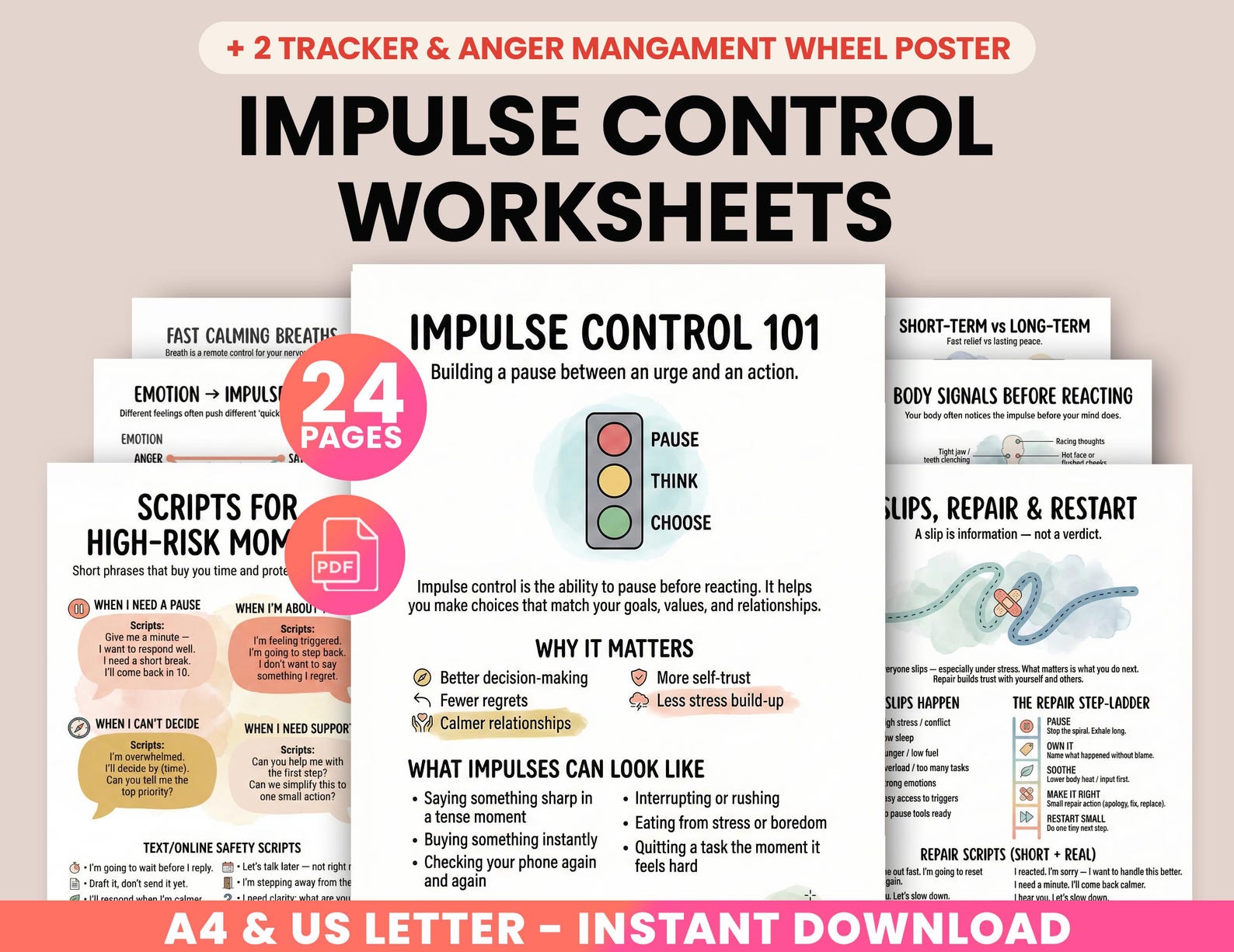 Impulse Control Worksheets Bundle + Anger Management Wheel Poster, Self ...