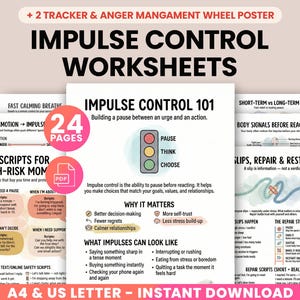 May include: A collection of impulse control worksheets, titled "Impulse Control Worksheets" in black. The worksheets cover topics such as body signals before reacting and repair scripts. The image also features a PDF icon and the text "24 pages".