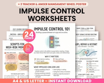 Impulse Control Worksheets Bundle + Anger Management Wheel Poster, Self-Regulation Skills for Teens & Adults, Emotional Regulation Therapy