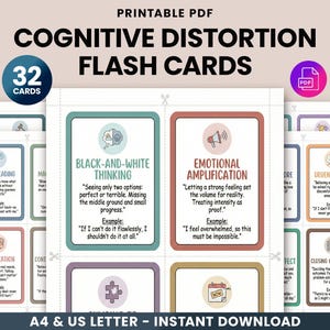 Kognitiv distorsions flashkort - KBT-tankefel, verktyg för kognitiv beteendeterapi, självhjälp för psykisk hälsa, utskrivbara terapikort