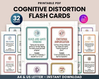 Cognitive Distortion Flash Cards - CBT Thinking Errors, Cognitive Behavioral Therapy Tool, Mental Health Self Help, Printable Therapy Cards