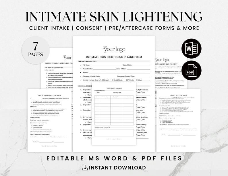 Puede incluir: Una descarga digital de siete formularios imprimibles para tratamientos de aclaramiento de la piel &iacute;ntima. Los formularios incluyen un formulario de admisi&oacute;n del cliente, un formulario de consentimiento, instrucciones previas al tratamiento y m&aacute;s. Los formularios son editables en los formatos Microsoft Word y PDF.