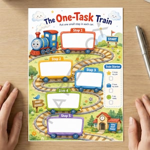 Pu&ograve; includere: Una tabella di monitoraggio delle attivit&agrave; intitolata The One-Task Train con una locomotiva blu che traina cinque vagoni etichettati da Step 1 a Step 5. La tabella include una lista di controllo Train Starter con icone e testo su sfondo verde.