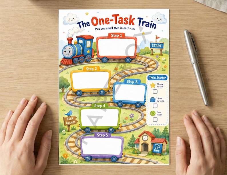 Pu&ograve; includere: Una tabella di monitoraggio delle attivit&agrave; intitolata The One-Task Train con una locomotiva blu che traina cinque vagoni etichettati da Step 1 a Step 5. La tabella include una lista di controllo Train Starter con icone e testo su sfondo verde.