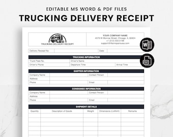 Editable Trucking Delivery Receipt Template - Printable Delivery Note Form - PDF & Word Instant Download - Shipping Document for Drivers