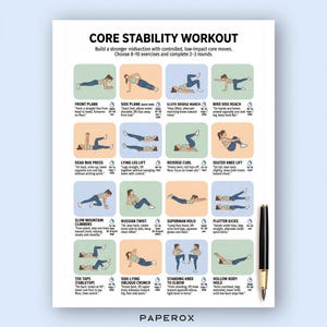 May include: A workout poster titled "CORE STABILITY WORKOUT" with illustrated exercises. The poster includes exercises like front plank, side plank, and flutter kicks. A black pen with gold accents rests on the right side of the poster.