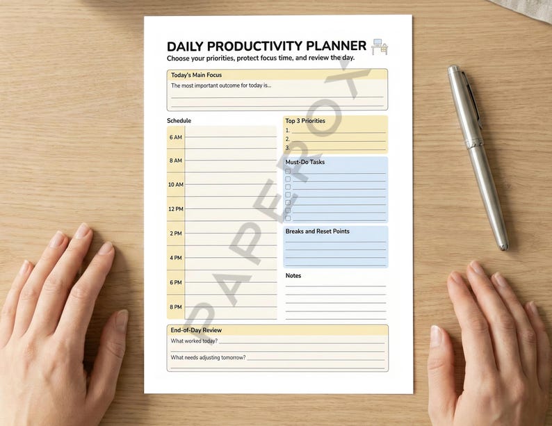 May include: A white Daily Productivity Planner sheet with a schedule, priority list, and notes section. The planner includes the text "Choose your priorities, protect focus time, and review the day." A silver pen rests on the wooden surface.