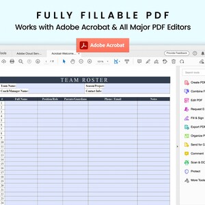 Peut inclure: Une capture d'&eacute;cran d'un &eacute;cran d'ordinateur montrant un document PDF ouvert dans Adobe Acrobat. Le document est une liste d'&eacute;quipe avec des colonnes pour le nom de l'&eacute;quipe, le nom de l'entra&icirc;neur/gestionnaire, le nom complet, le poste/r&ocirc;le, les parents/tuteurs, le t&eacute;l&eacute;phone/courriel et les notes. Le document est enti&egrave;rement remplissable et peut &ecirc;tre utilis&eacute; pour suivre les membres de l'&eacute;quipe et leurs coordonn&eacute;es.