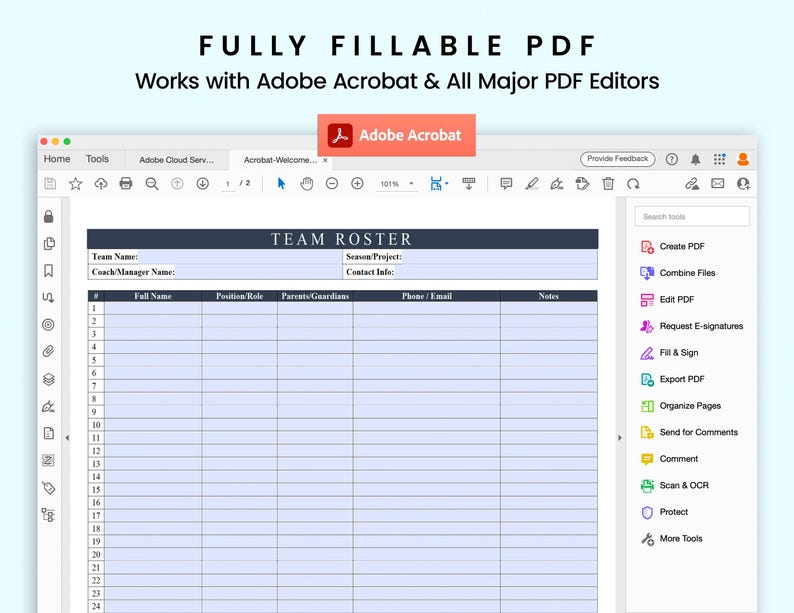 Peut inclure: Une capture d'&eacute;cran d'un &eacute;cran d'ordinateur montrant un document PDF ouvert dans Adobe Acrobat. Le document est une liste d'&eacute;quipe avec des colonnes pour le nom de l'&eacute;quipe, le nom de l'entra&icirc;neur/gestionnaire, le nom complet, le poste/r&ocirc;le, les parents/tuteurs, le t&eacute;l&eacute;phone/courriel et les notes. Le document est enti&egrave;rement remplissable et peut &ecirc;tre utilis&eacute; pour suivre les membres de l'&eacute;quipe et leurs coordonn&eacute;es.