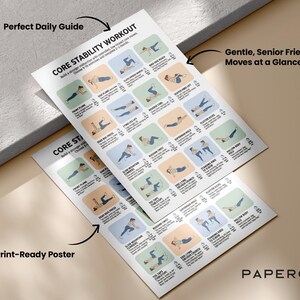 May include: Two print-ready posters with core stability workout instructions. Each exercise is illustrated with a person performing the move. The text includes "Perfect Daily Guide" and "Gentle, Senior Friendly Moves at a Glance."