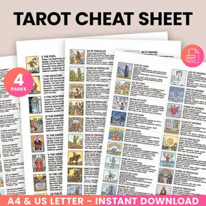 May include: A stack of four tarot cheat sheets with detailed card meanings and keywords. The sheets feature illustrations and text, with the title "TAROT CHEAT SHEET" at the top. The sheets are labeled "4 PAGES" and "A4 & US LETTER - INSTANT DOWNLOAD".