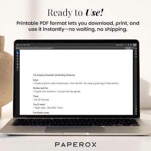 Puede incluir: Una computadora port&aacute;til que muestra un documento titulado "Coping Roulette" con instrucciones para una actividad grupal. La pantalla muestra texto sobre objetivos, tiempo y materiales necesarios. Las palabras "Ready to Use!" est&aacute;n en la parte superior.