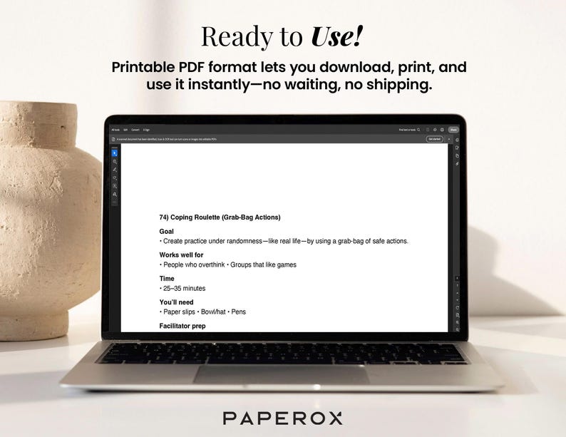 Puede incluir: Una computadora port&aacute;til que muestra un documento titulado "Coping Roulette" con instrucciones para una actividad grupal. La pantalla muestra texto sobre objetivos, tiempo y materiales necesarios. Las palabras "Ready to Use!" est&aacute;n en la parte superior.
