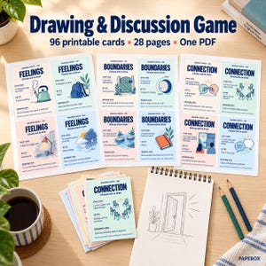 May include: A Drawing & Discussion Game set featuring 96 printable cards across 28 pages in one PDF. The display includes three sheets of cards with themes like Feelings, Boundaries, and Connection, a stack of individual cards, and a notepad.