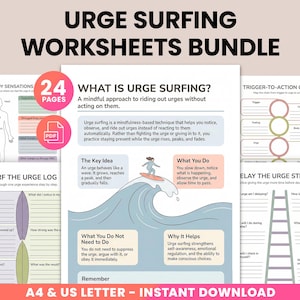 Peut inclure: Un ensemble de feuilles de travail intitulé "Urge Surfing Worksheets Bundle" avec le texte "24 Pages" et "Téléchargement instantané". Les feuilles de travail comprennent des diagrammes et des sections à remplir pour la conscience de soi et la régulation émotionnelle. La palette de couleurs est blanche, bleue et rose.