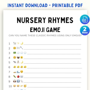 Nursery Rhyme Emoji Game, Baby Shower Emoji Game, Fun Emoji Nursery Rhymes Printable, Baby Shower Activity, Emoji Pictionary
