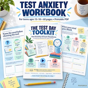 Puede incluir: Un libro de ejercicios sobre la ansiedad ante los exámenes para adolescentes de 13 a 18 años, con 60 páginas en formato PDF imprimible. La portada muestra el título The Test Day Toolkit, con ilustraciones de un reloj, una taza y notas de estudio. Las páginas adicionales muestran pasos de preparación para exámenes.