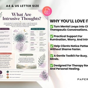 May include: A digital educational handout titled What Are Intrusive Thoughts? featuring sections on key features, common examples, and a pause and reflect area. The document includes watercolor floral accents, a central brain illustration, and text.