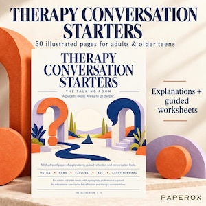 May include: A book titled Therapy Conversation Starters with 50 illustrated pages for adults and older teens. The cover features a surreal landscape with a large orange question mark, a blue speech bubble archway, and the text Notice, Name, Explore, Ask, Carry Forward.