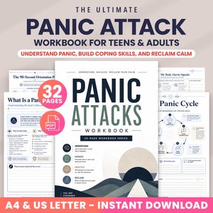 May include: A 32-page digital PDF workbook titled The Ultimate Panic Attack Workbook for Teens & Adults. The cover features a sunset graphic over hills, with sections for understanding, managing, practicing, and reclaiming calm. Includes A4 and US Letter sizes.