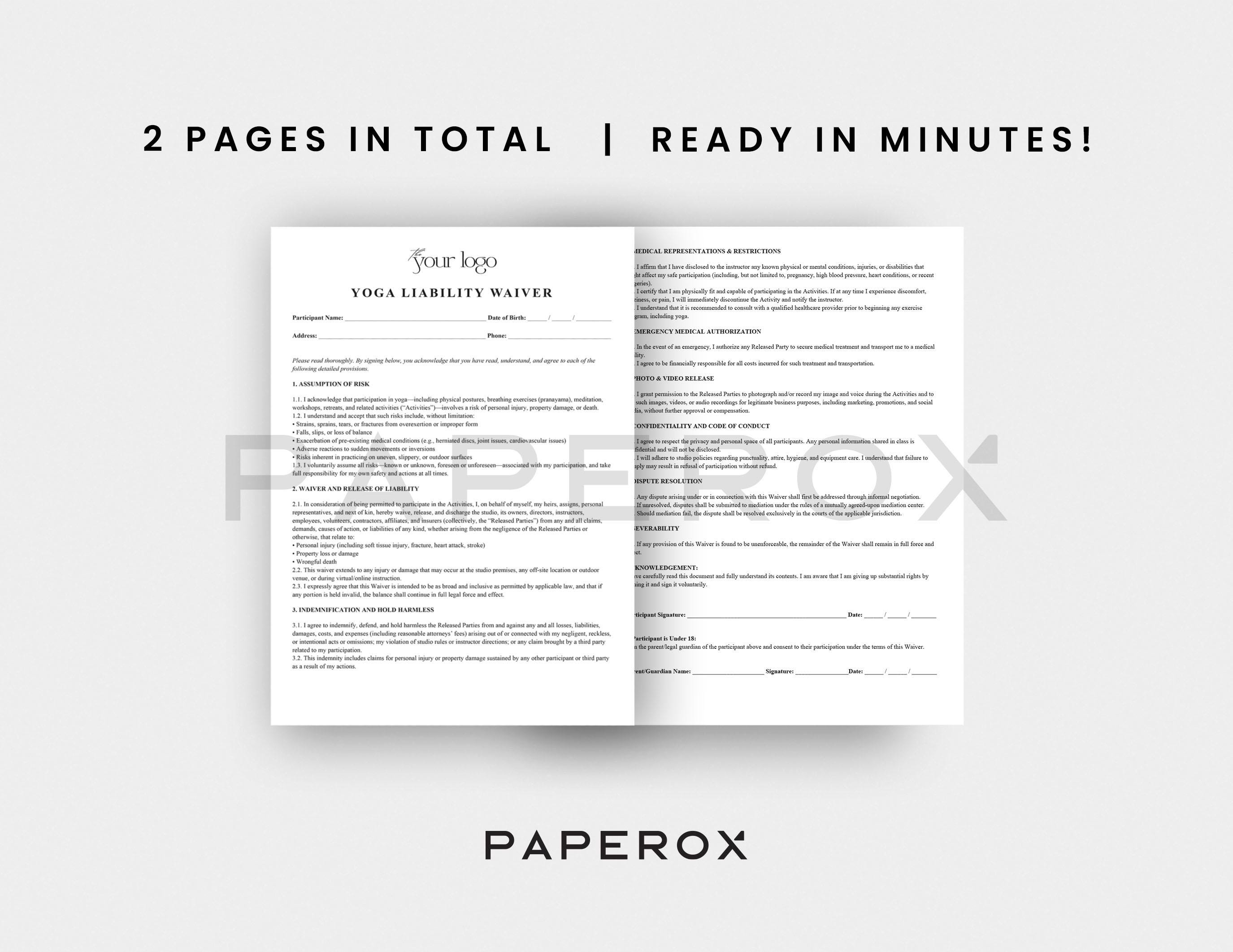 Yoga Liability Waiver Template - Yoga Waiver Form - Editable PDF & Word ...