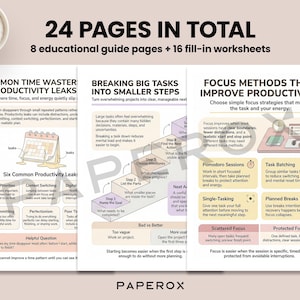 May include: A guide on productivity, featuring the text "24 PAGES IN TOTAL" and "8 educational guide pages + 16 fill-in worksheets." The guide covers time management, task breakdown, and focus techniques. A pen and a decorative flower are also visible.