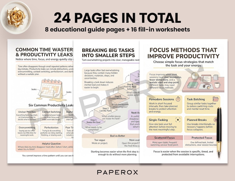 May include: A guide on productivity, featuring the text "24 PAGES IN TOTAL" and "8 educational guide pages + 16 fill-in worksheets." The guide covers time management, task breakdown, and focus techniques. A pen and a decorative flower are also visible.