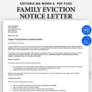 Plantilla de carta de desalojo familiar - Aviso de desalojo editable - Carta preescrita para un familiar - Word y PDF imprimible