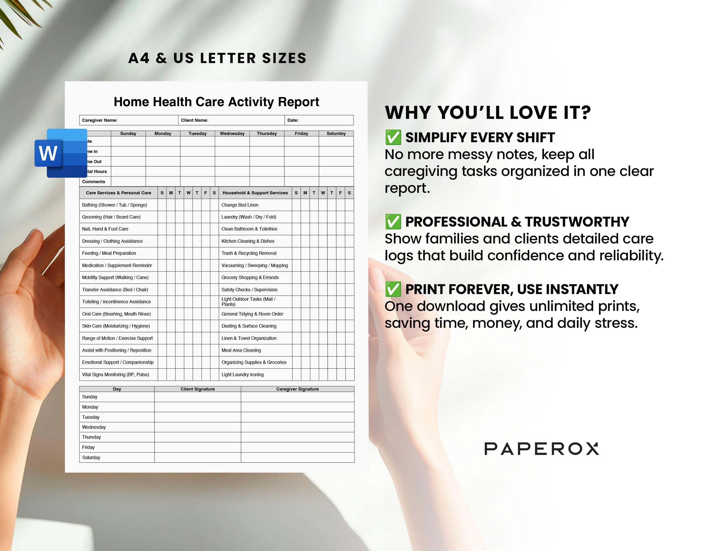 Home Health Caregiver Activity Report, Daily Care Log Sheet, Elder Care ...