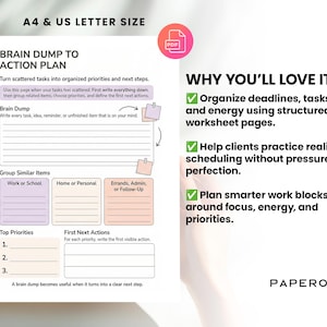 May include: A white printable planner page with the text "Brain Dump to Action Plan". The page includes sections for tasks, priorities, and actions. The text "Why You'll Love It?" is also visible, along with checkmarks.