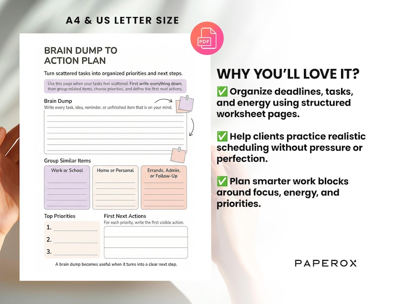 May include: A white printable planner page with the text "Brain Dump to Action Plan". The page includes sections for tasks, priorities, and actions. The text "Why You'll Love It?" is also visible, along with checkmarks.