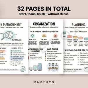 May include: A printed planner page with the text "32 PAGES IN TOTAL" and "Start, focus, finish&mdash;without stress." The page is divided into sections on time management, organization, and planning, with diagrams and bullet points.