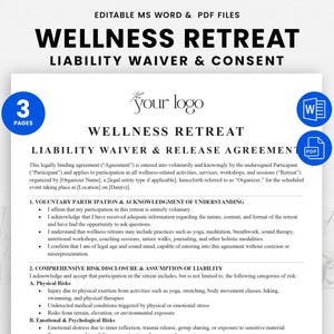Può includere: Un documento blu e bianco con il titolo "Wellness Retreat - Esclusione di responsabilità e consenso". Questo documento è un accordo legale per i partecipanti a un ritiro di benessere. Include sezioni sulla partecipazione volontaria, riconoscimento della comprensione, divulgazione completa dei rischi e assunzione di responsabilità.