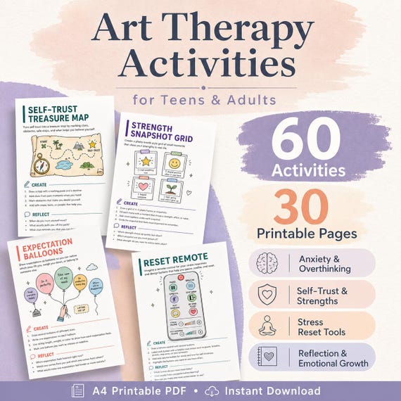 Art Therapy Activities Bundle, Doodle Creative Exercises for Anxiety & Mental Health, Printable Self Care Therapy Worksheets, Journal Pages